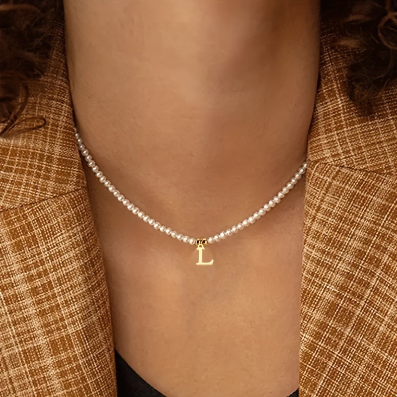 Women's Glossy Beaded Necklace with Initials, Minimalist Design